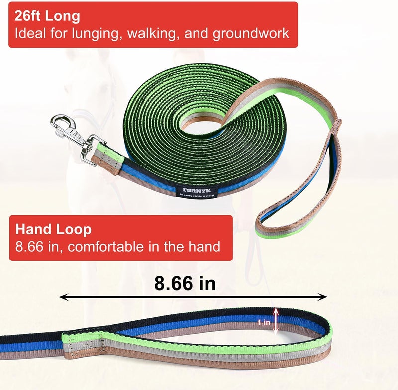 Fornyk Lunge Line for Horse, Equine Lunge Line with Solid Swivel Alloy Trigger Buckle for Accurate Equestrian Training, Competition and Daily Use, 26ft/8m (Black-Blue-Beige-Green) - Image 2